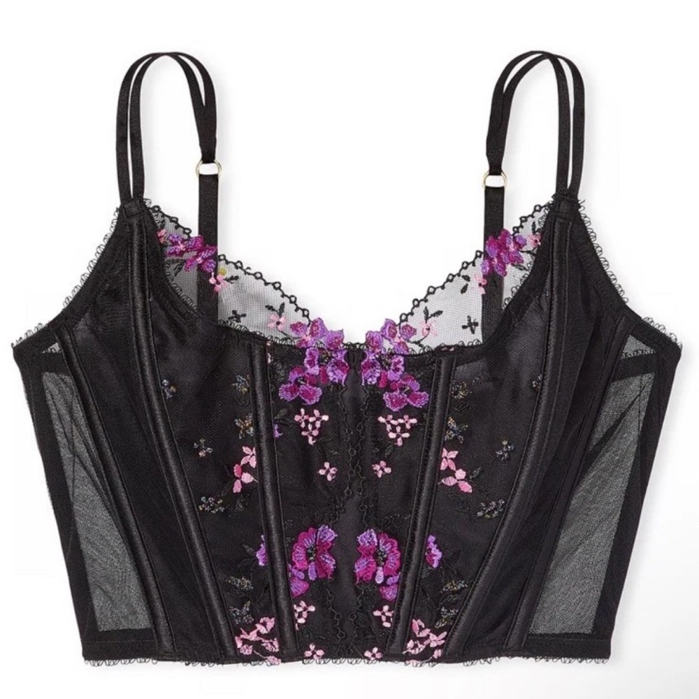 Victoria's Secret Black and Purple Floral Embroidered Bra